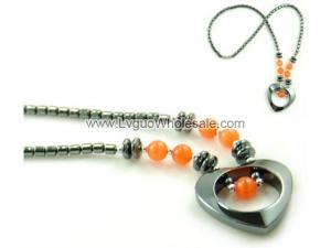 Orange Cat's Eye Opal Beads Hematite Heart Pendant Chain Choker Fashion Necklace